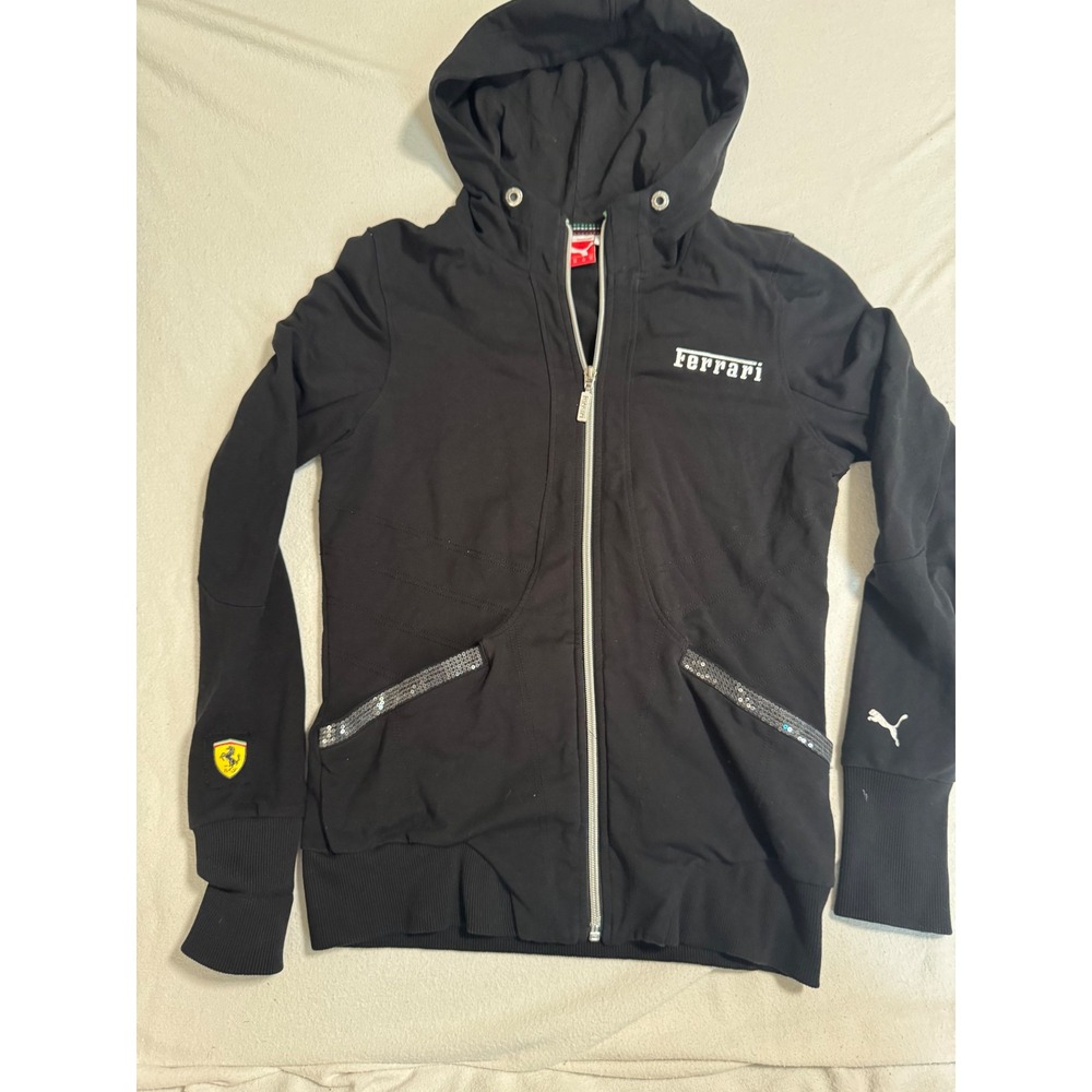 Puma Ferrari Womens Full Zip Hoodie Black Sequin Trim Logo Racing Jacket